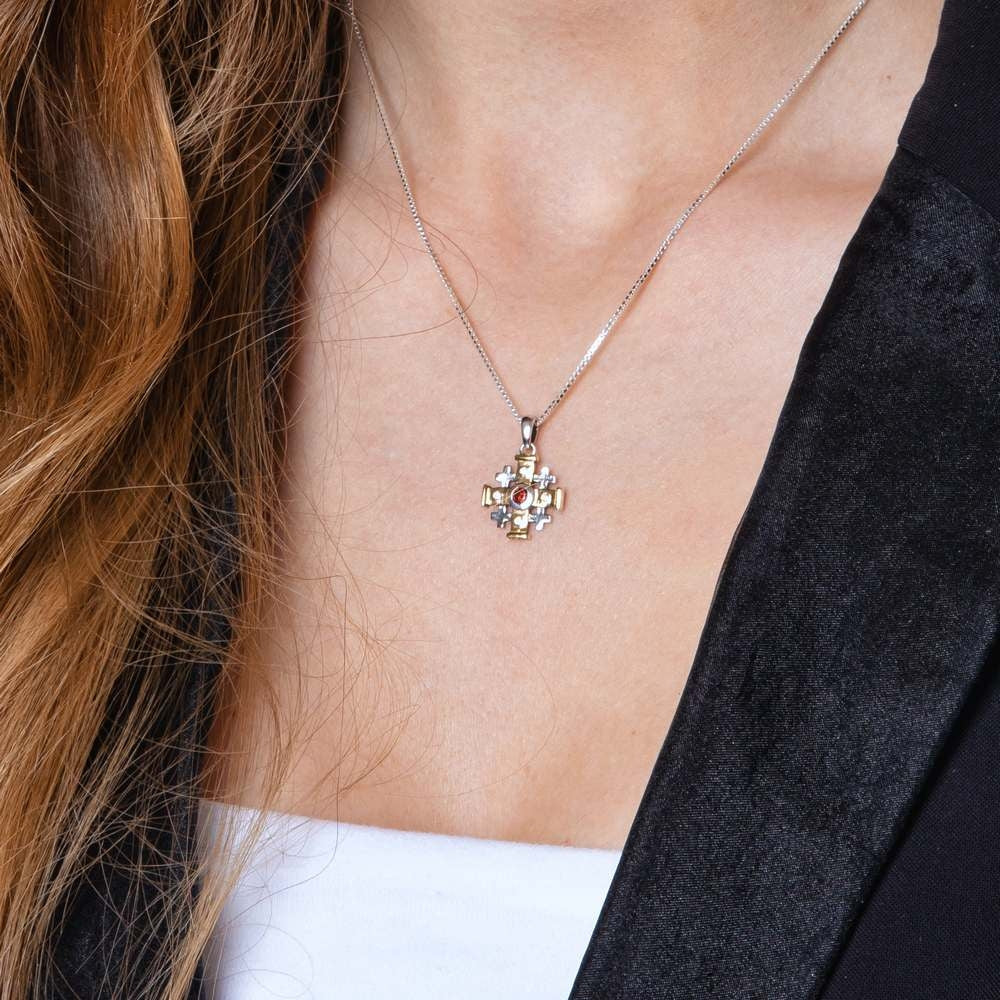 Jerusalem Cross Necklace with Red Garnet and Zircons in 925 Sterling Silver and 18K Gold Plating