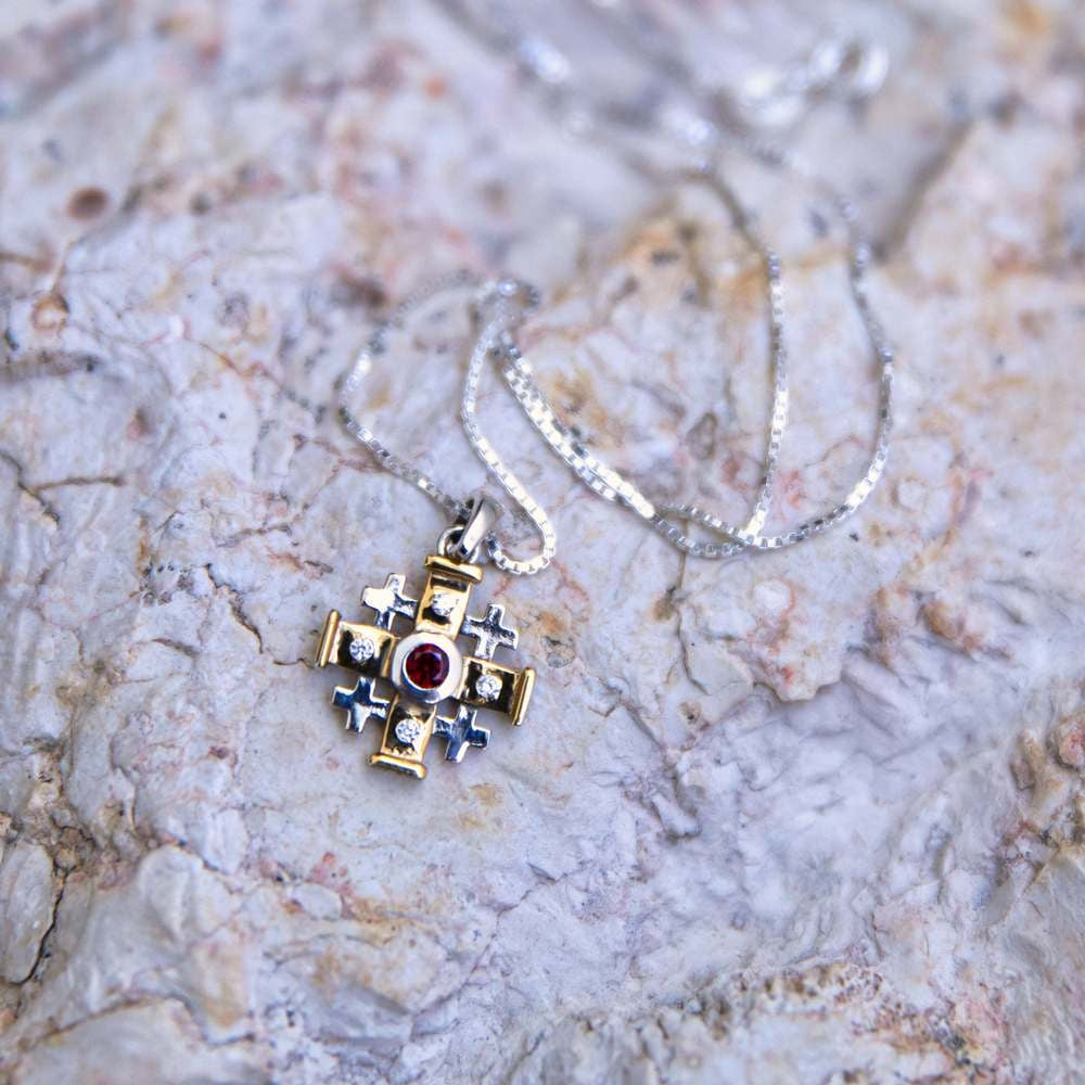 Jerusalem Cross Necklace with Red Garnet and Zircons in 925 Sterling Silver and 18K Gold Plating