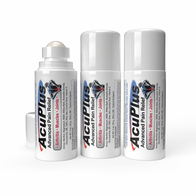 AcuPlus 3 oz Pain Relief Roll-On 3 Pack – Hands-Free Menthol Pain Relief for Muscles and Joints