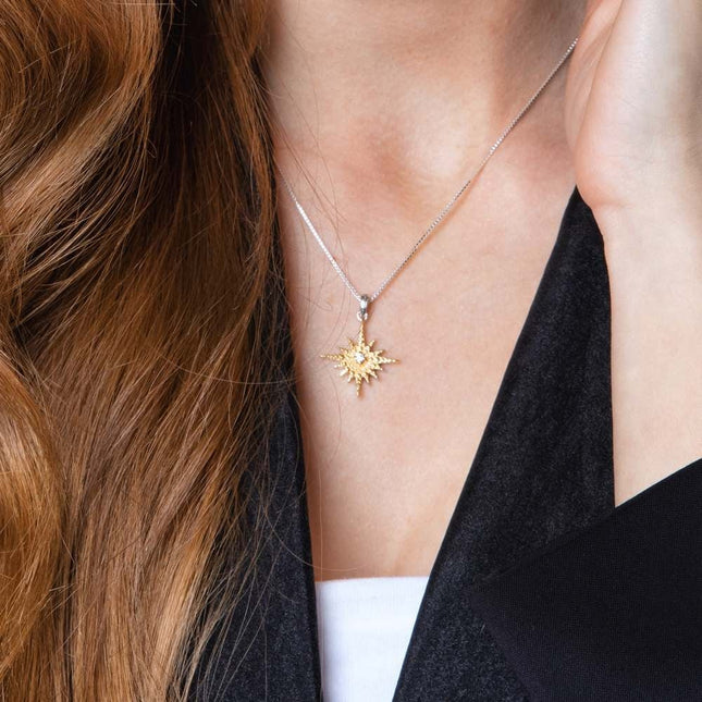 Gold-Plated 925 Sterling Silver Star of Bethlehem Pendant With Zircon Stones