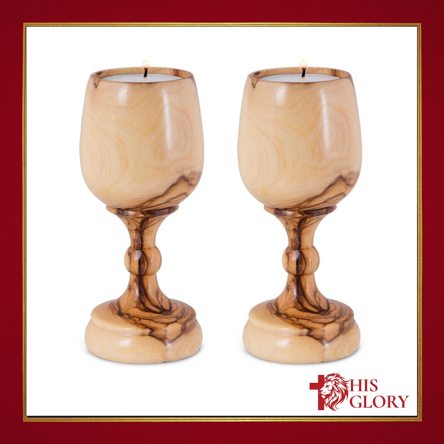 Handcrafted Olive Wood Candlesticks - Wine Glass Design