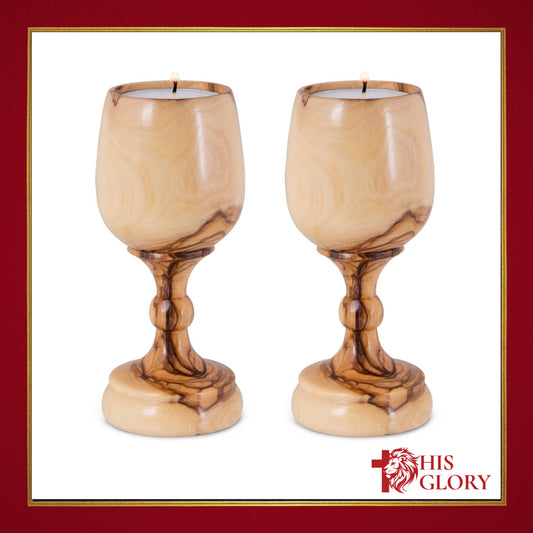 Handcrafted Olive Wood Candlesticks - Wine Glass Design