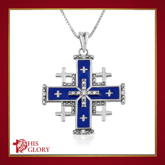 Jerusalem Cross Necklace in 925 Sterling Silver and Blue Enamel