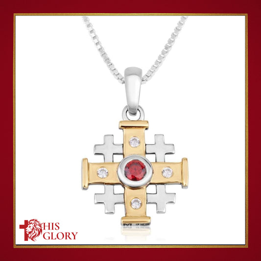 Jerusalem Cross Necklace with Red Garnet and Zircons in 925 Sterling Silver and 18K Gold Plating