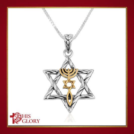 Sterling Silver and Gold Plated Star of David Pendant with Messianic Seal