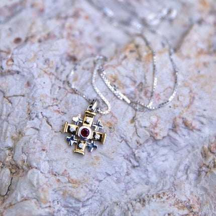 Jerusalem Cross Necklace with Red Garnet and Zircons in 925 Sterling Silver and 18K Gold Plating